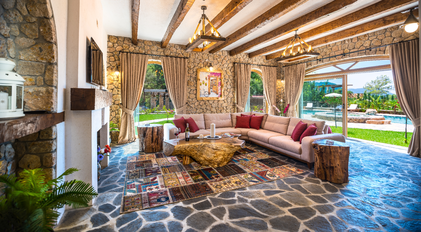 Nature-Integrated Interior Lounge within a Mediterranean Stone Villa