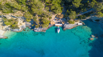 Aerial View of a Private Peninsula Jetty in a Turquoise Mediterranean Cove