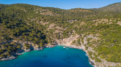 Aerial view of forested cliffs descending into a secluded turquoise Mediterranean bay