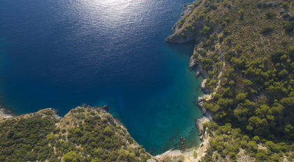 Aerial perspective of secluded Mediterranean cove bordered by rugged forested cliffs
