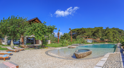 Secluded villa garden with natural-stone infinity pool and Mediterranean greenery
