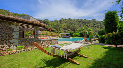 Hammock overlooking garden greenery and Mediterranean-style pool