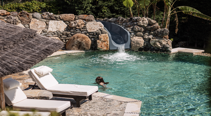 Organic-shaped pool with stone waterslide and Mediterranean surroundings