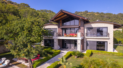 Drone view of Villa Gökçe front façade and architectural design