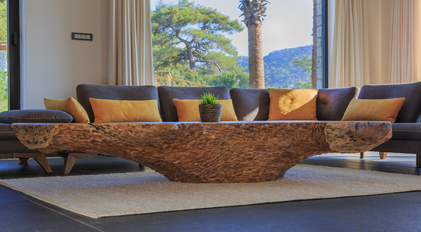Handcrafted wooden coffee table in a sunlit living room framed by forest views