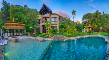 Panoramic view of Villa Gökçe with lagoon-style pool and lush Mediterranean gardens