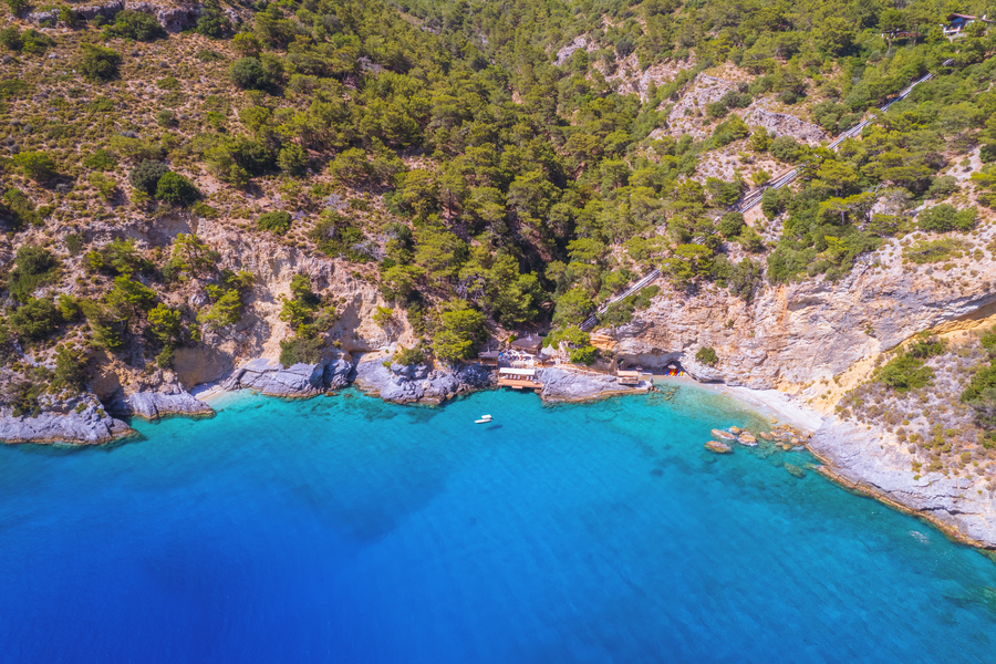 Aerial view of turquoise cove below forested cliffs on a secluded Mediterranean coastline
