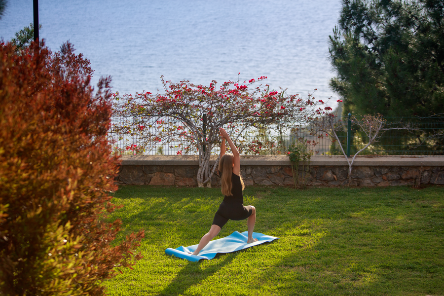 Morning yoga practice in a quiet seaside garden overlooking calm blue water