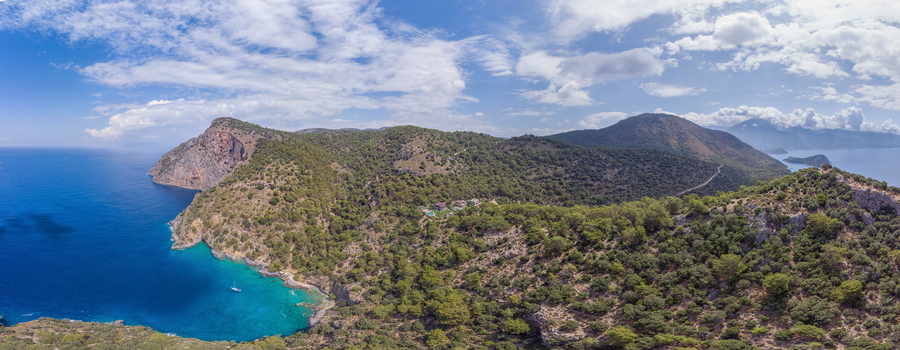 Panoramic aerial view of Gökce Gemile mountains and Mediterranean coastline