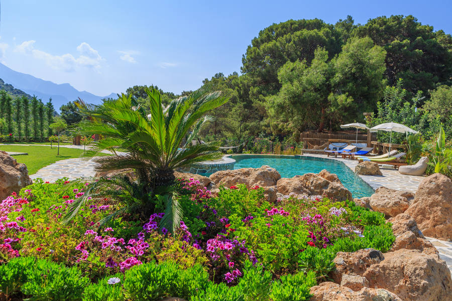 Floral garden and pool terrace set against forested mountain views