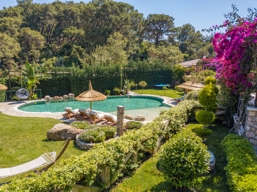 Organic-shape pool surrounded by lush private garden terraces