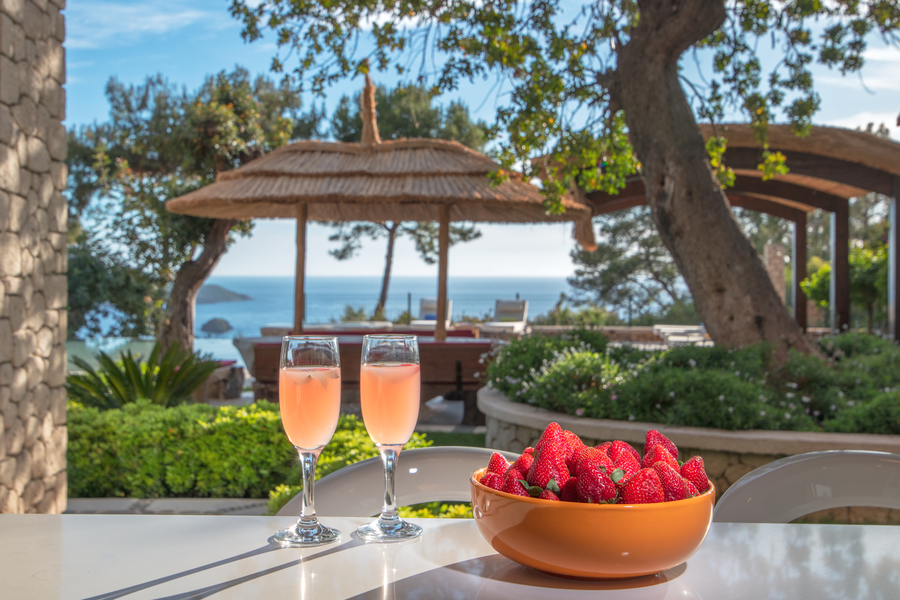 Terrace refreshments overlooking Mediterranean sea and shaded garden terraces